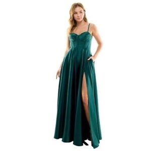 B Darlins Juniors Pleated Bodice High Slit Evening Gown Satin Hunter Green